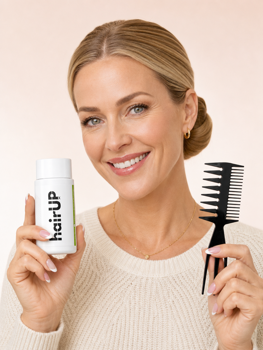 Kobieta trzyma puder hairUP i grzebień 3w1